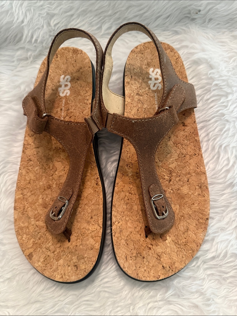 SAS Brown Suede Cork Footbed Thong Sandals